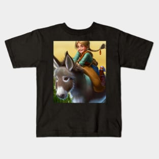 Girl with blond ponytail riding a cute donkey Kids T-Shirt